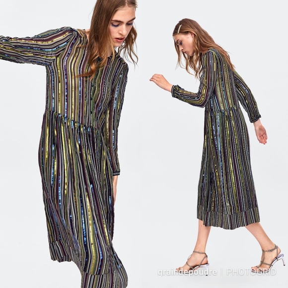 Rare! Zara Sequin Striped Empire Waist Peasant Dress L - Picture 2 of 7